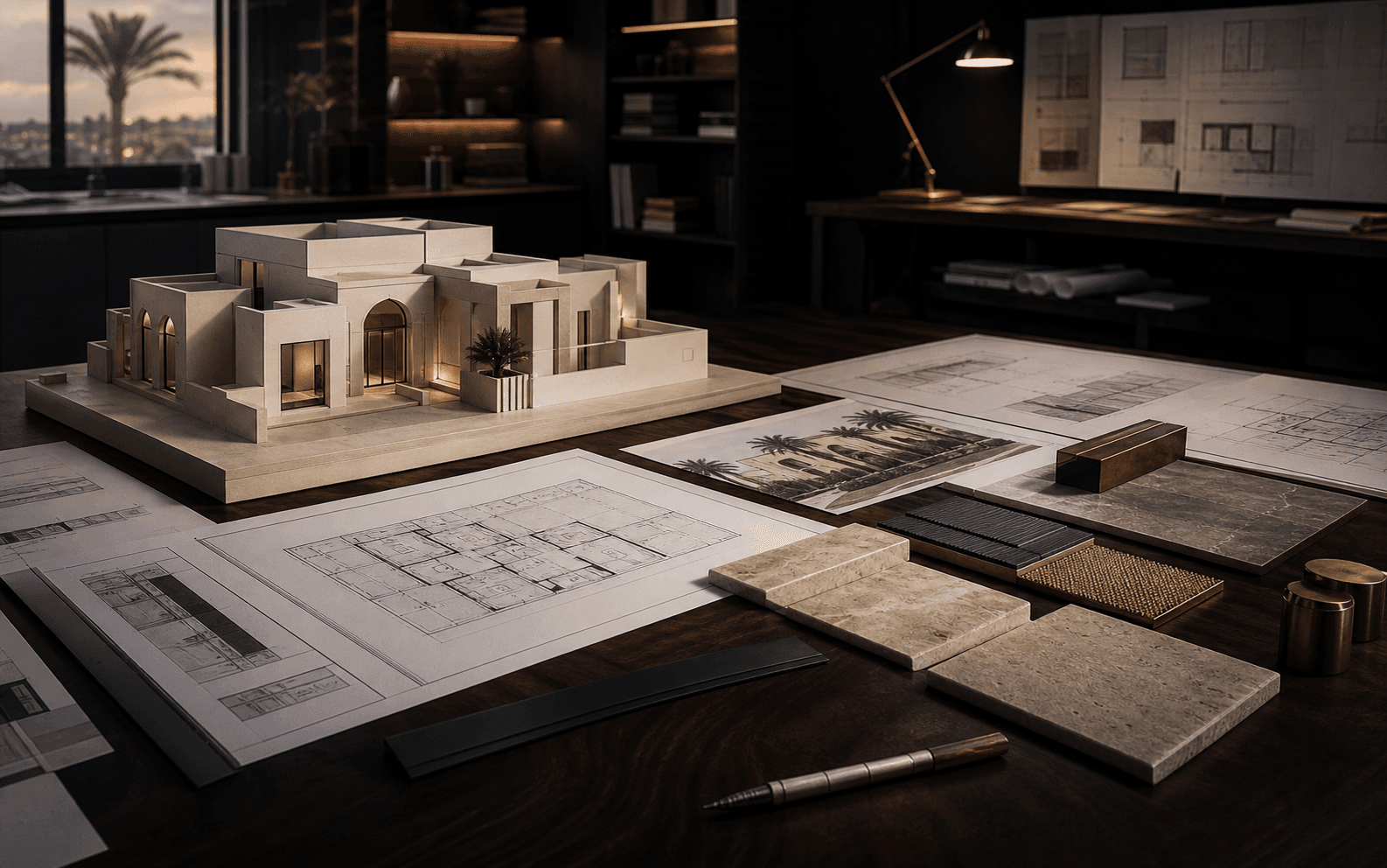 Architectural model, drawings and material samples on a project coordination table