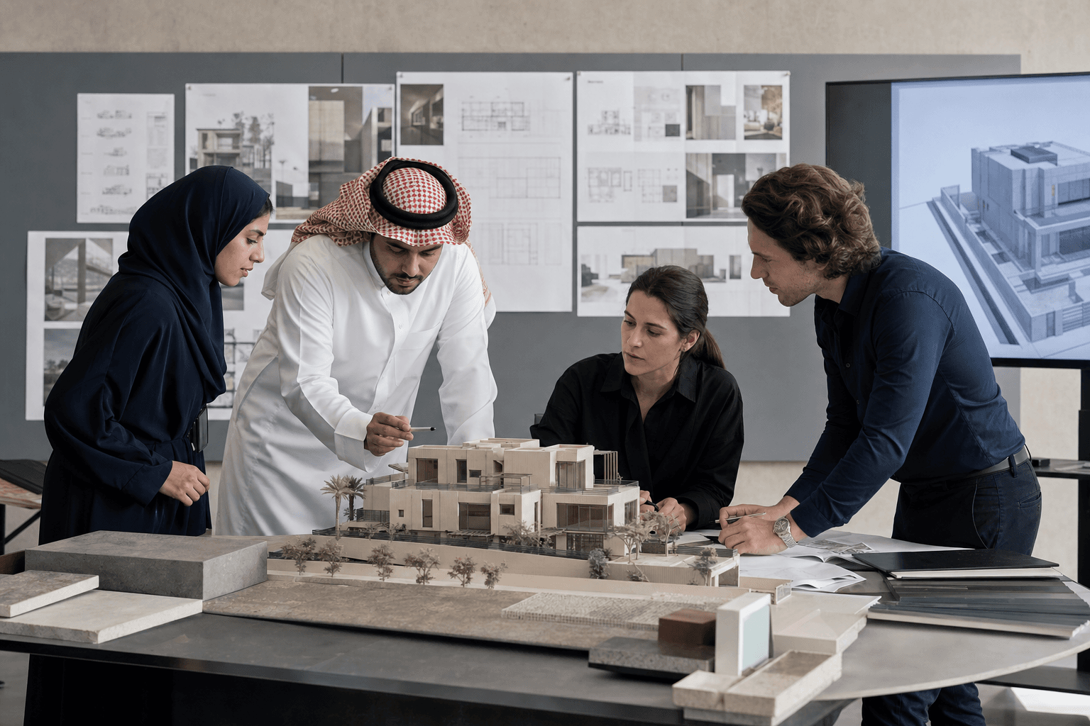 WAO team reviewing an architectural model and project drawings