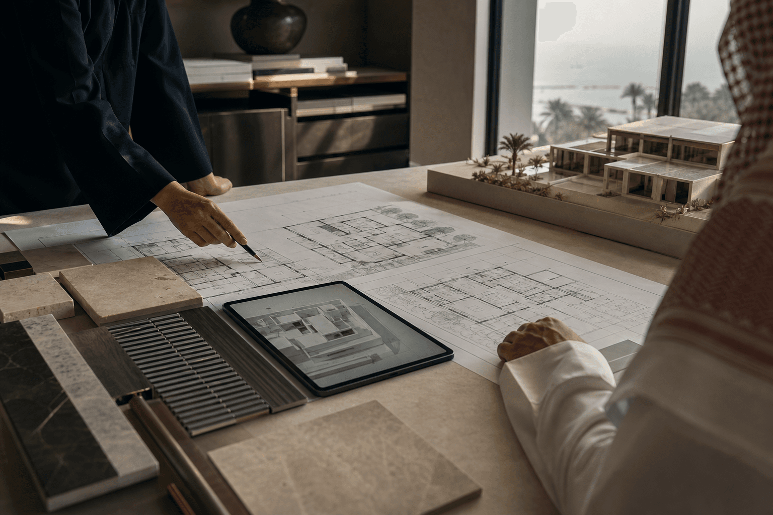 Architect and client reviewing the Coastal House design package