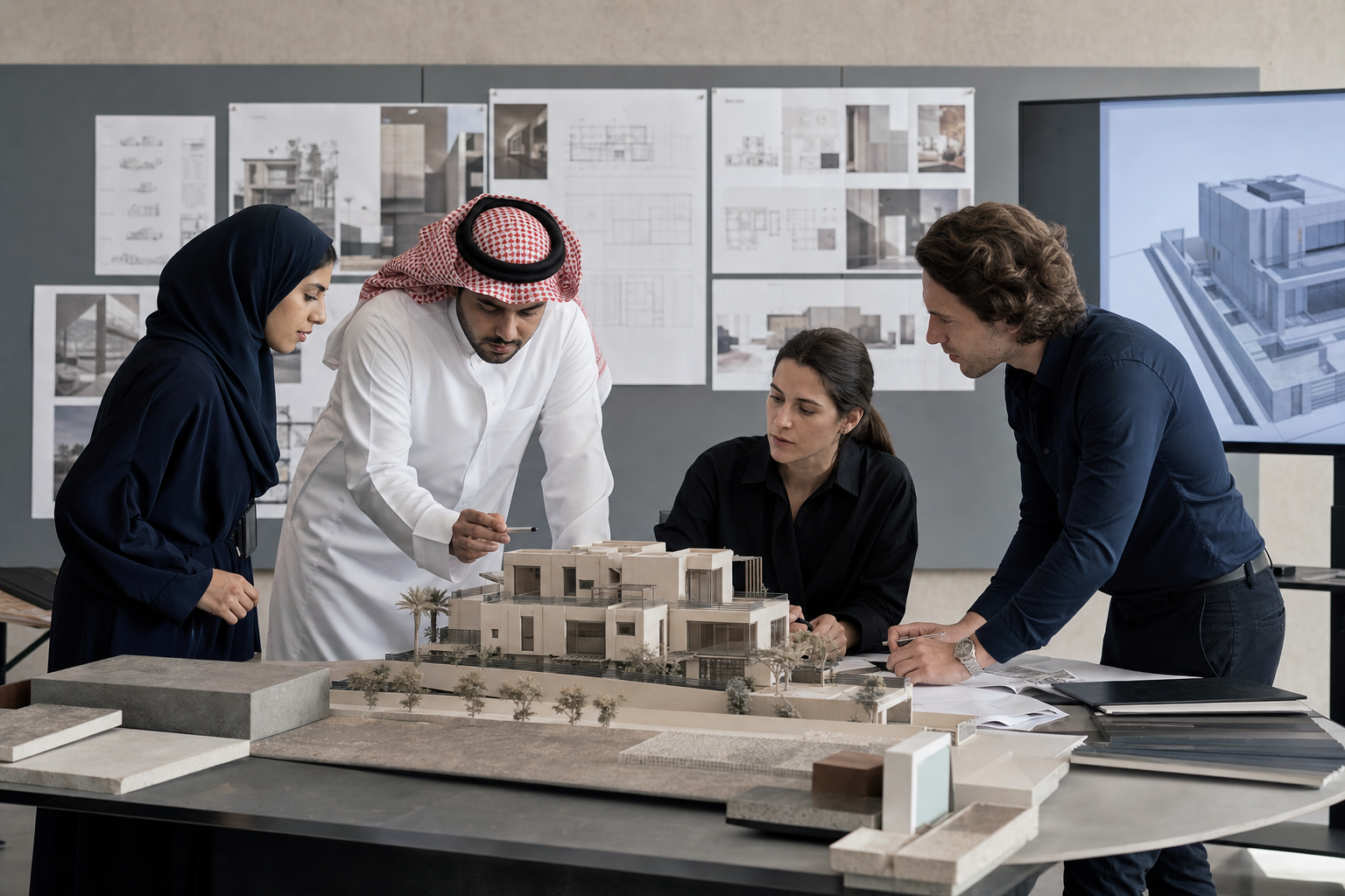 فريق واو يراجع نموذجاً معمارياً ومخططات المشروع